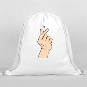 Resim Ufak Kalp Baskılı Sırt Çantası - İp Büzgülü Spor Çanta Beyaz 