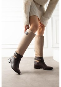 Resim Shoetek Suadx Kadın Çizme Kalın Topuku Bilekten Dolamalı Bantlı Ten Süet Kahverengi Deri Kahve Cilt 