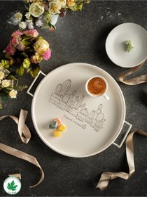 Resim Lin Metal 24cm Yuvarlak Tel Kulplu Tepsi Kaktüs Baskılı - Krem 