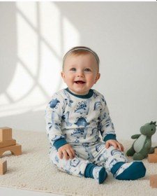 Resim Zekids Erkek Bebek Pamuklu Dinazor Desenli Pijama Takımı-16268 Mavi 