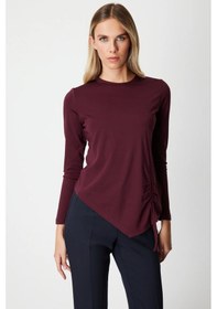Resim On Fashion On Asimetrik Kesim Yanı İpli Büzgülü Detaylı Sıfır Yaka Bluz Bordo 