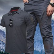 Resim Erkekler için Yazlık Dış Mekan Spor İki Parçalı Takım, Yaka Detaylı Düz Renk Kısa Kollu ve Çok Cepli İş Pantolonu, Nefes Alabilen Rahat Ter Emici, Balıkçılık ve Doğa Yürüyüşü Kıyafeti 