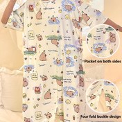 Resim Kadınlar İçin Sevimli Ayı ve Ördek Baskılı Kısa Kollu Pijama Elbise - 4 Düğmeli Cep Tasarımı, Rahat Kesim Nefes Alabilen Kumaş, Eğlenceli Yemek Çizimleri, Makinede Yıkanabilir İlkbahar/Yaz Uyku Giysisi & Günlük Ev Kıyafeti, Yazlık Pijamalar, Konforlu Pijama 