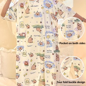 Resim Kadınlar İçin Sevimli Ayı ve Ördek Baskılı Kısa Kollu Pijama Elbise - 4 Düğmeli Cep Tasarımı, Rahat Kesim Nefes Alabilen Kumaş, Eğlenceli Yemek Çizimleri, Makinede Yıkanabilir İlkbahar/Yaz Uyku Giysisi & Günlük Ev Kıyafeti, Yazlık Pijamalar, Konforlu Pijama 