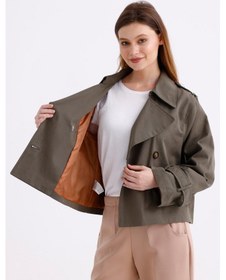 Resim Pastelastore %100 Pamuk Gabardin Astarlı Oversize Geniş Kalıp Kadın Crop Kısa Trençkot 1122 Haki 
