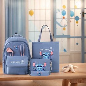 Resim Stitch Sırt Çantası Seti - 4 adet, Üçgen Fermuarlı Okul Çantası, Çoklu Cep, Büyük Kapasiteli Tasarım, Dayanıklı Oxford Kumaş, Teal, Pembe, Mavi ve Mor Renklerde Mevcut, Sevimli Sırt Çantası 