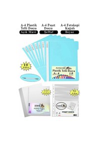 Resim Telli Dosya Plastik A4 10 Lu Poşet Dosya 50 Li A4 Fotokopi Kağıdı 100 Adet 1 Paket Ekonomik Kaliteli Şeffaf Kapak Dosya Açık Mavi 