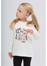 Resim Toontoy Kız Çocuk İkili Kedi Baskılı Sweatshirt Ekru 