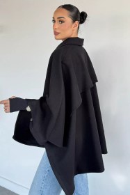 Resim Kadın Ön Fermuarlı Panço (s-m-l-xl Uyumludur) Siyah TZL-P-00020196 