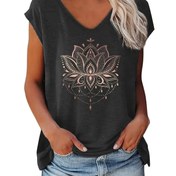 Resim Kadınların Çiçek Desenli V Yaka Kısa Kollu T-Shirt - Rahat Bol Kesim Üst, İncelikli Mandala Tasarımı, Hafif Yeşil Yaz T-Shirt'i, Rahat Giyim İçin Yaz Üstü | Rahat Kesim Üst | Polyester Kumaş 