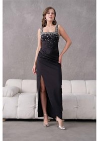 Resim Dip Moda Dipmoda Kadın Taş Detaylı Askılı Uzun Abiye Elbise Dpnbs9367 Siyah 