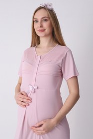 Resim Çizgili Bisiklet Yaka ve Uzun Sabahlıklı 2'li Hamile Lohusa Gecelik Seti - 2319 - Pembe / L / Terlik ve Taç Seti İstemiyorum 