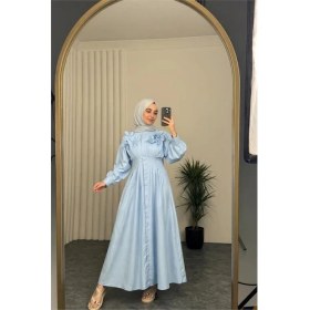 Resim Neşeli Butik Kadın Bebe Mavi Belden Oturtmalı Çiçek Detaylı Premium Tesettür Elbise NBVQ4933 