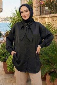 Resim adamila Kadın Siyah Fiyonk Detaylı Saten Oversize Tesettür Tunik Gömlek Uzun Kollu Şık Günlük Trend Tunik 