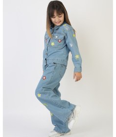 Resim Moonch Papatya Ve Çiçek Nakışlı Kız Çocuk Denim Ceket&pantolon Takım Mavi 