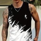 Resim Erkekler için kolsuz tank top - Siyah ve Beyaz Soyutlu Baskı, Rahat Yazlık Spor Yeleği, Dış Mekan Aktiviteleri, Fitness ve Tatil Giyimi için Nefes Alabilir ve Rahat, Rahat Yazlık Giyim | Cesur Baskı Tasarımı | Parlak Kumaş 