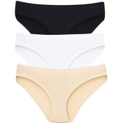 Resim Kadın Pamuklu Slip Külot 3'lü Paket Renkli Düz Nefes Alabilir Kumaş Beyaz - Siyah - Ten 