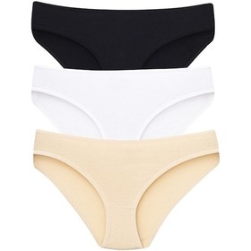 Resim Kadın Pamuklu Slip Külot 3'lü Paket Renkli Düz Nefes Alabilir Kumaş Beyaz - Siyah - Ten 