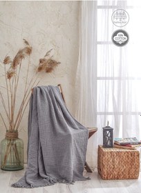 Resim Gri 4 Katlı Müslin %100 Pamuklu Pike - Yatak Örtüsü - Tv Battaniy Gri 