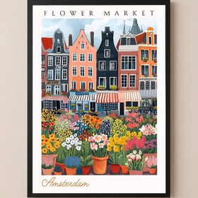 Resim Amsterdam Flower Market Print - Canal Houses Tulip Cityscape Art - Wooden Frame - Black / 20 x 28" (50x70 cm) 