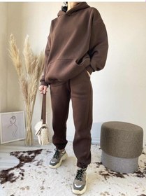Resim Unisex Kapüşonlu Ikili Eşofman Takımı Kahve-7077 