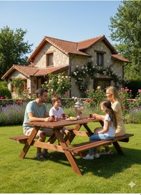 Resim Masif Çam Piknik Masası Dış Mekan Ahşap Bahçe Oturma Grubu Kahverengi 