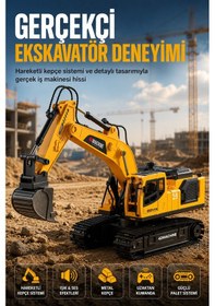 Resim Buharlı Işıklı Sesli Metal Alaşım Excavator Uzaktan Kumandalı Rc İş Makinesi Sarı 