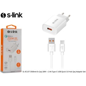 Resim S-Link Sl-ec13t 3500ma Ev Şarj 18w + 2.4a Type-c Usb Quick 3.0 Hızlı Şarj Adaptör Seti 