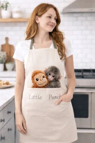 Resim Cepli Krem Pudra Sevimli Little Punch Ve Orangutan Baskılı Mutfak Önlüğü Seti Bej 