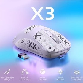Resim X3 Kablosuz Gaming Mouse, Ultra Hafif 49g Oyuncu Mouse, PixArt PAW3395 Sensör-26000DPI, Programlanabilir, 2.4G/Bluetooth/Kablolu-Uzun Pil Ömrü/PTFE Ayak/Fare Kavrama Bandı-PC/MAC-Lavanta 