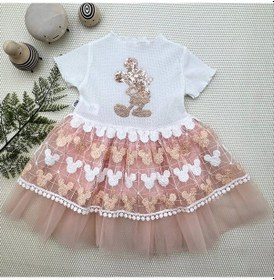 Resim Cojans 1-2-3 Yaş Payetli Mickey Baskılı Brode Etekli Kız Bebek Elbisesi Pudra Çok Renkli 