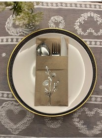 Resim Gümüş Yaldızlı Kraft Cepli Gelincik Çiçeği Peçete 12 Adet 