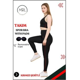 Resim Missmaral Kadın Spor Takım Yüksek Bel Tayt Pedli Büstiyer Sport Team High Waist Padded Bustier Black 3047 Siyah Kırmızı 