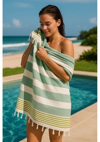 Resim Çizgili Peştemal Plaj Havlusu %100 Pamuk Yıkanmış 100x180 Cm Marenza Yeşil 