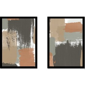 Resim Haki Ve Kiremit Tonları Soyut İkili Çerçeveli Mdf Tablo Seti-173859 