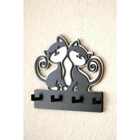 Resim Güneş Lazer Dekoratif Siyah Sevimli Kedili Anahtar Askısı Anahtarlık 