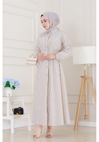 Resim Sevitli Çizgili Cepli Tesettür Elbise-bej-5136 Bej 