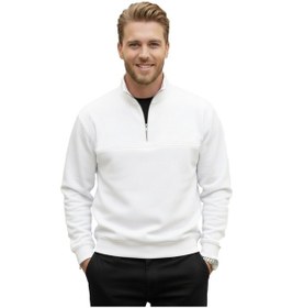 Resim Deepsea Erkek Beyaz Relax Fit İçi Polarlı %100 Pamuk Yarım Fermuarlı Dik Yaka Sweatshirt 2600760 Beyaz 