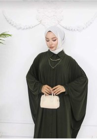 Resim ECK MODA Kadın Battal Beden Yarasa Kol Uzun Önü Düğmeli Likralı Sandy Kumaş Kolye Detay Ferace 