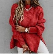 Resim Kadınlar İçin Sonbahar Ve Kış Gevşek Ve Tembel Stil Uzun Kollu Kazak Örme Kazak Kırmızı 
