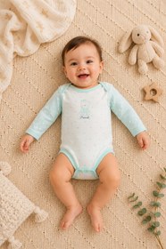 Resim 2li Bebek Body Yeşil Beyaz- %100 Pamuklu, Antialerjik - 1-3 AY / Yeşil 