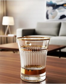 Resim Kristal Dekorlu Gold 6'lı Su Bardağı Seti - Altın Detaylı Lüks Cam Sunum Şeffaf 