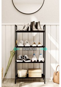Resim Ayakkabılık Metal Ayakkabılık Ahşap Ayakkabılık Dekoratif 4katlı Kumaşlı Mobilya Çok Amaçlı Raf Siyah 