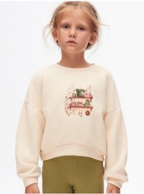 Resim Kız Çocuk Pamuklu İki İplik Önü Baskılı Sweatshirt-14712 KREM 
