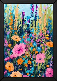 Resim Abstract Flower Field Print - Vibrant Botanical Painterly Wall Art - Wooden Frame - Black / 8,3 x 11,7" (21x30) 