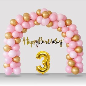 Resim 3 Yaş Retro Gold Pembe Balon Happy Birthday Banner Gold Rakam Doğum Günü Süsleme Çok Renkli 