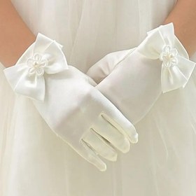 Resim Kızlar için şirin beyaz bağcıklı eldivenler - Zarif polyester parti giysisi eldivenleri, çiçek detaylarıyla mükemmel törenler, komünyon elbise aksesuarları ve akşam partileri için özel durum eldivenleri|Bağcıklı detaylandırma|Örgü kumaş eldivenleri, sevimli eldiven 