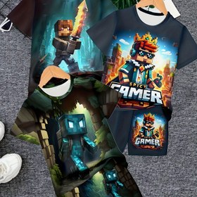 Resim 6 adet erkek çocuk takım elbise moda 3D baskılı rahat takım şortlu tişört, erkek açık hava tişörtü şort takımı, açık havada uygun., Açık hava için mükemmel 