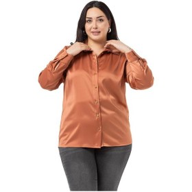 Resim Büyük Beden Saten Dokulu Manşetli Tarçın Gömlek-tarçın Tarçın 