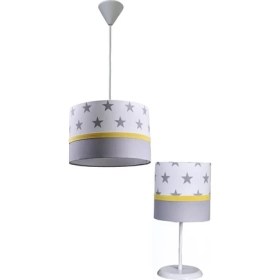 Resim Onay Beyaz Yıldızlı M-502 Gri Sarı 2.li Set Kumaş Kaplama Genç ve Çocuk Odası Avize ve Abajur Takımı 